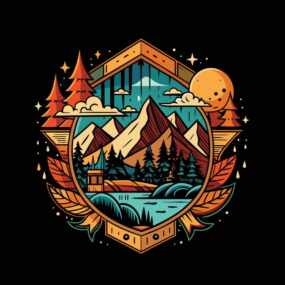 berg, sjö, skog, natur emblem i retro stil. t-shirt skriva ut design vektor