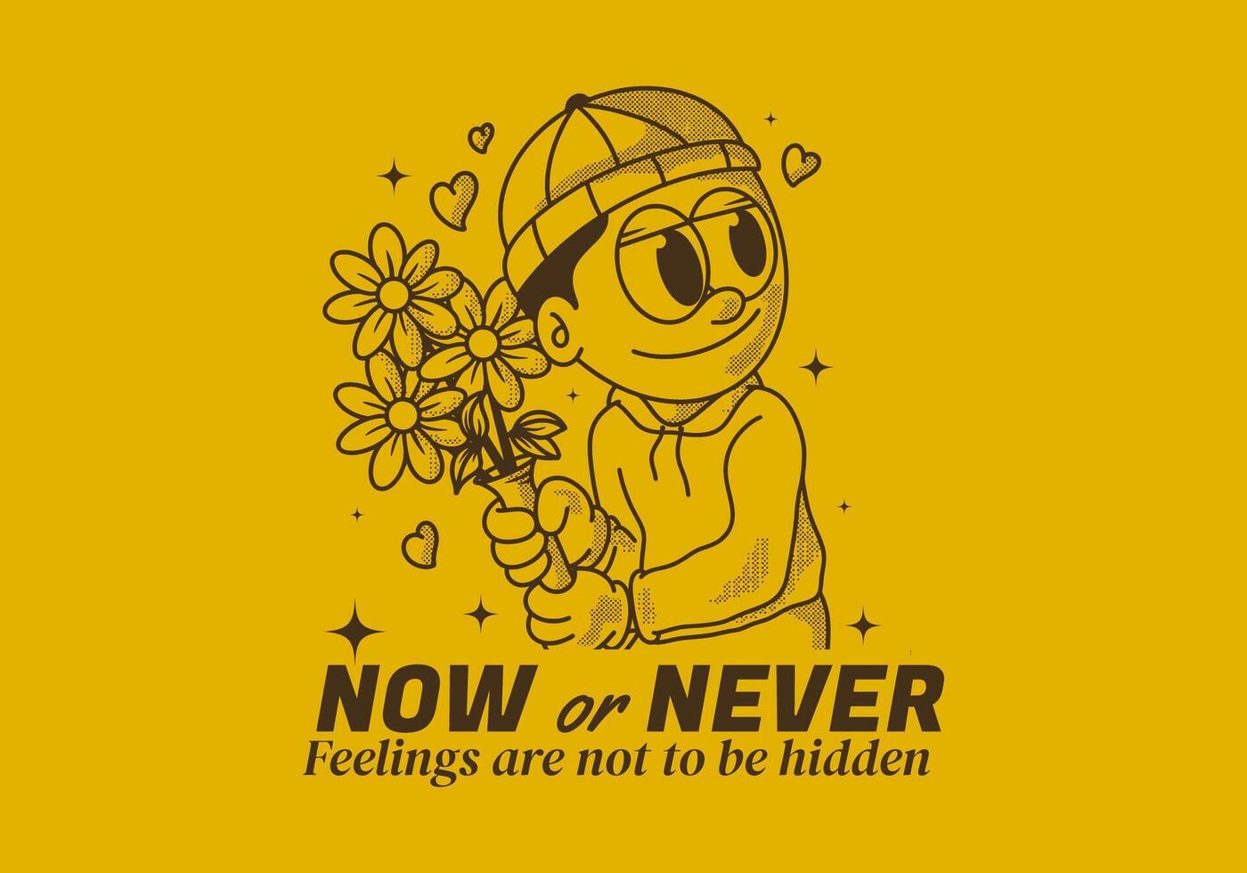 nu eller aldrig. retro illustration av en mössa kille innehav en blomma vektor