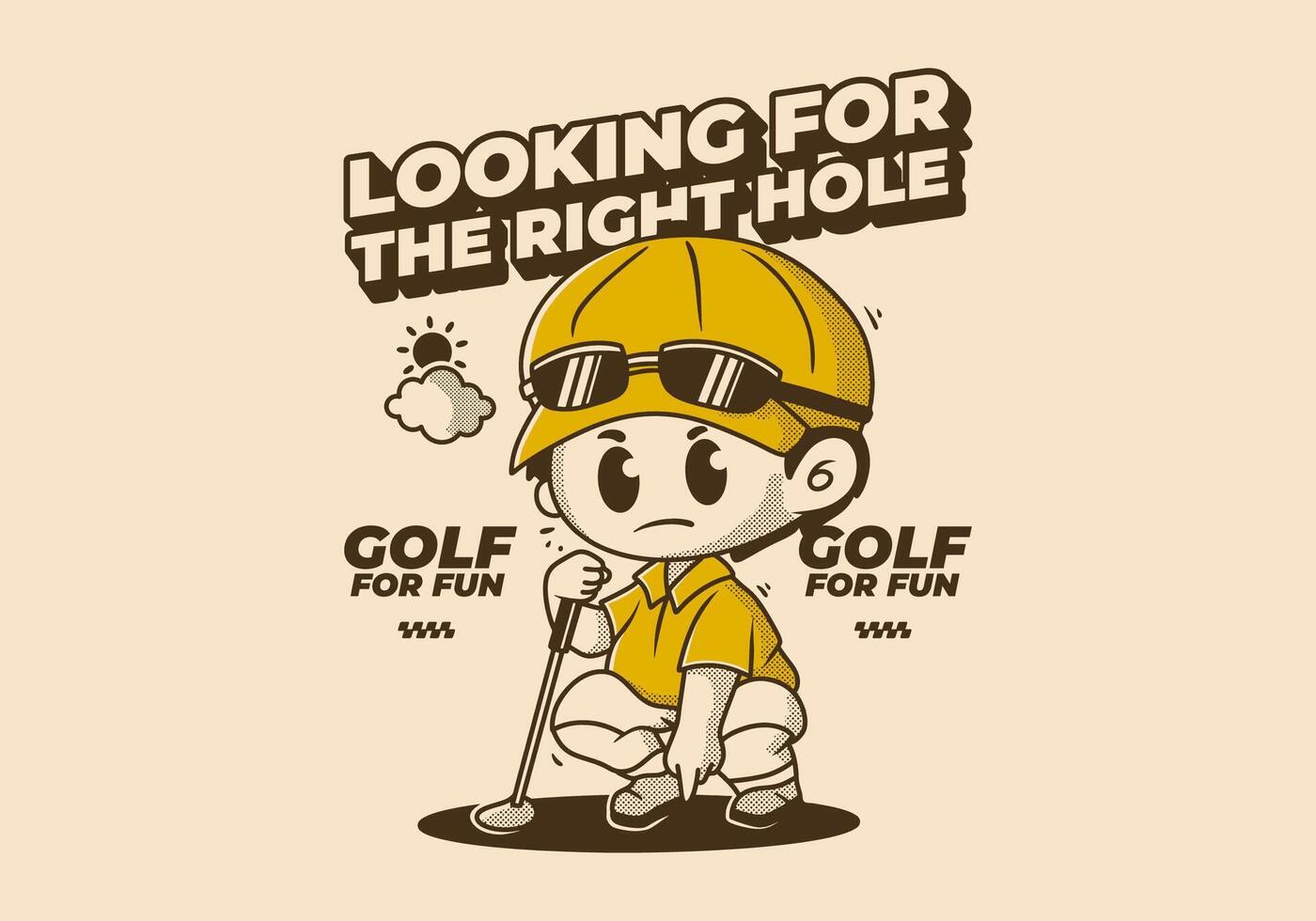 suchen zum das richtig Loch. Charakter Illustration von ein Kerl halten ein Golf Stock vektor