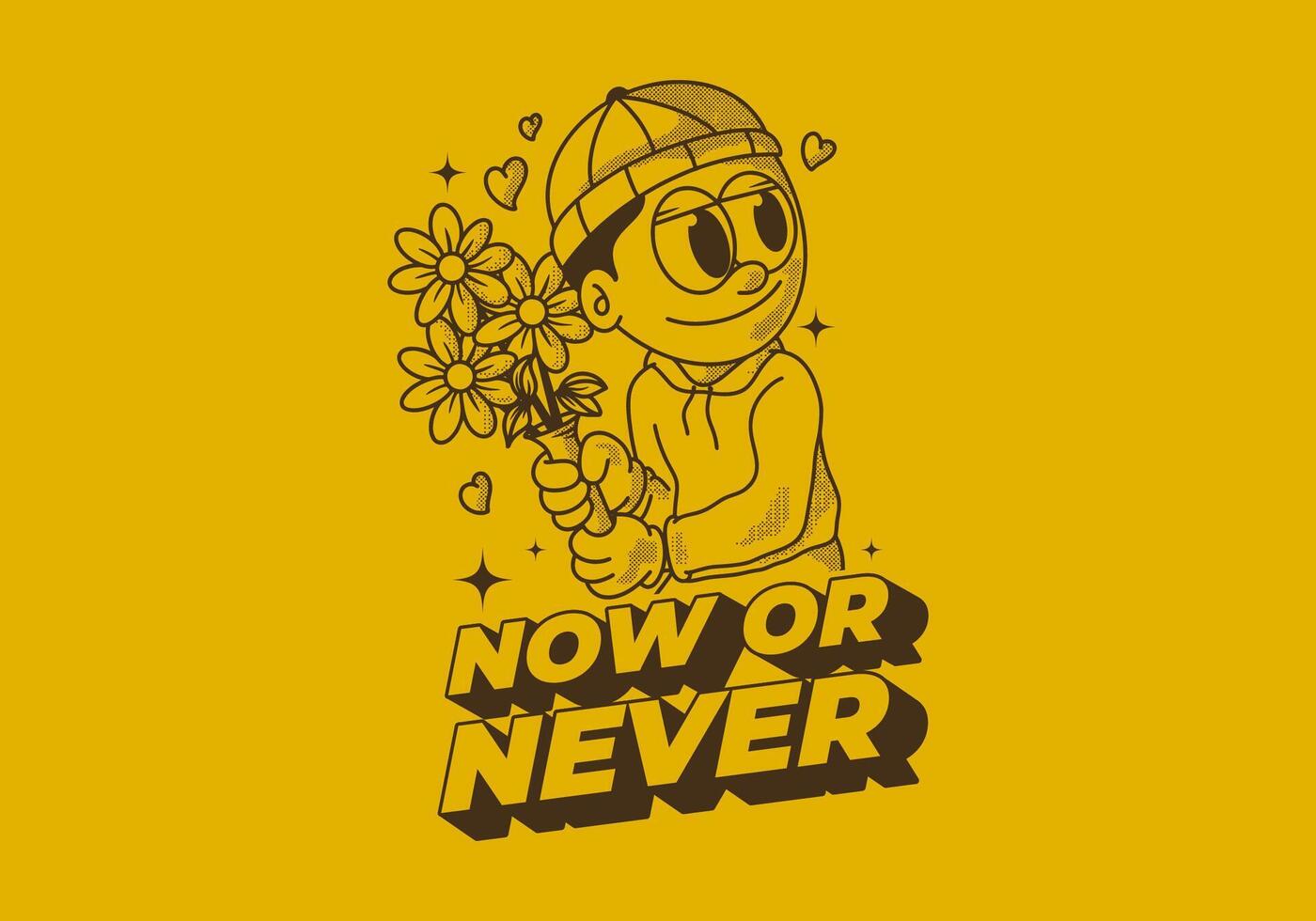 jetzt oder niemals. retro Illustration von ein Mütze Kerl halten ein Blume vektor