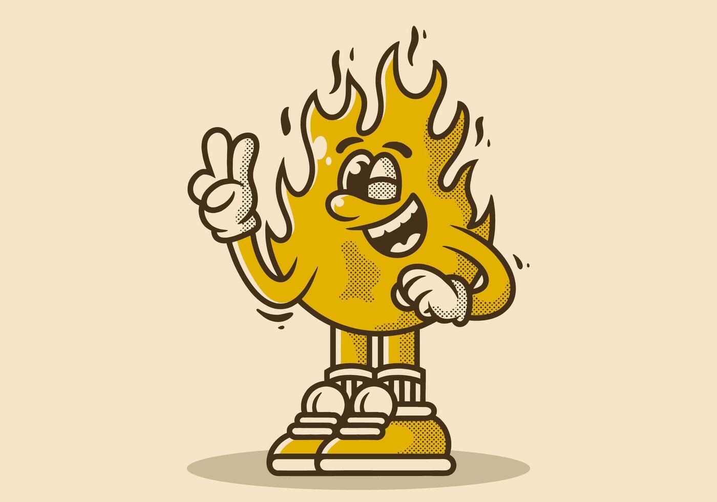 Charakter Illustration von ein Feuer Flamme mit Hände Bildung ein Symbol von Frieden. Jahrgang Farben vektor