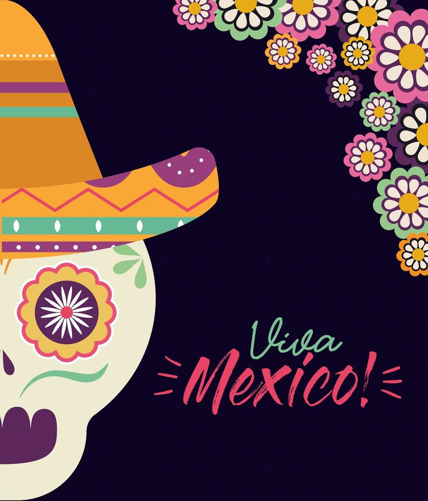 mexikanskt skallehuvud med hatt och blommor vektordesign vektor