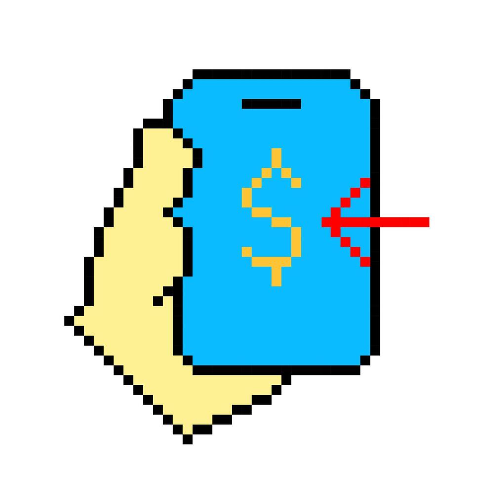 Hand halten Blau Telefon mit Dollar Linie Symbol. online Banken, Geld überweisen, Bank Anwendungen, Kryptowährung, Bitcoin, Pixel Stil. mehrfarbig Symbol auf Weiß Hintergrund vektor