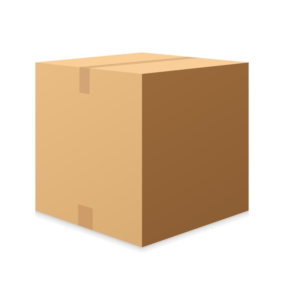 Orange Box . spotten oben Orange Karton Paket Kasten. realistisch Box Attrappe, Lehrmodell, Simulation zum Verpackung. leer Weiß Produkt Verpackung Kisten isoliert auf Weiß Hintergrund. Vektor Illustration