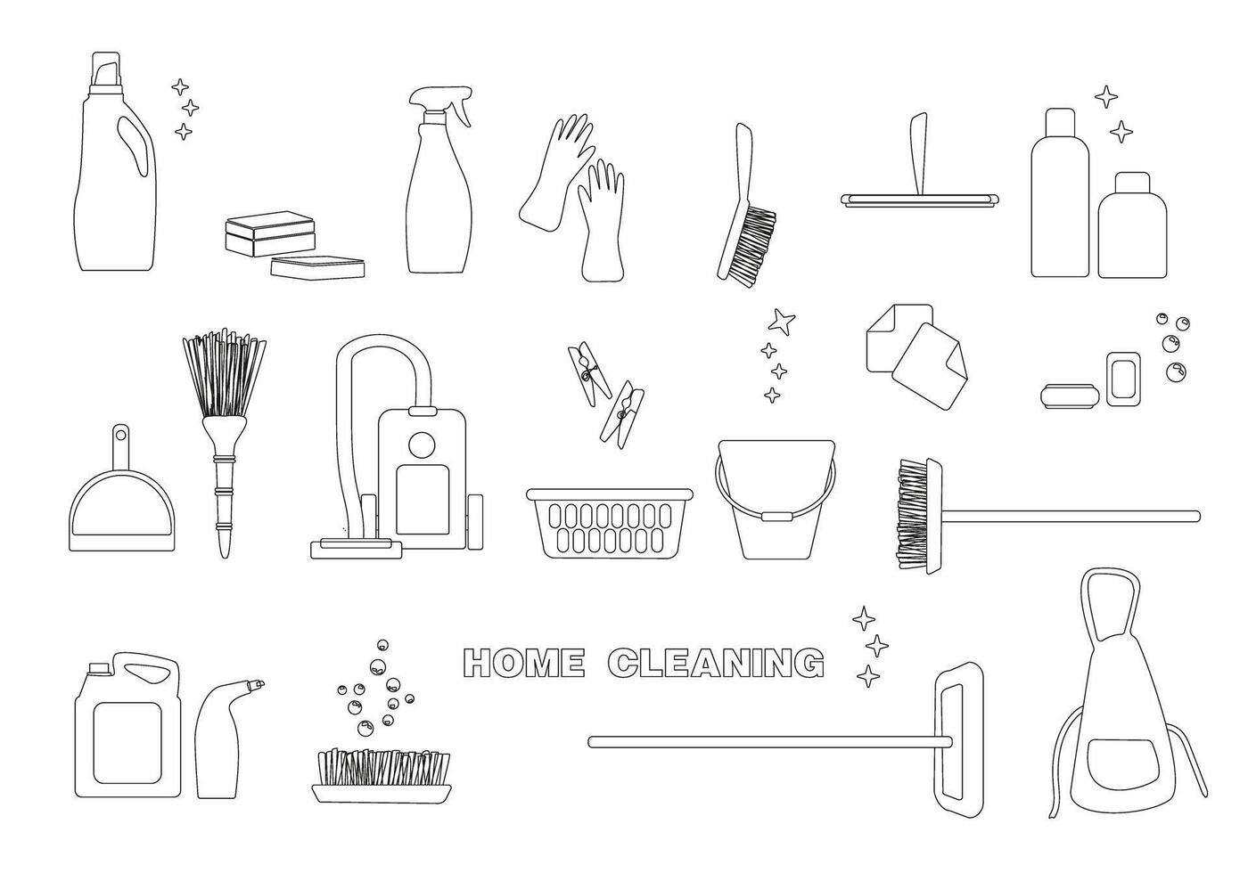 Werkzeuge zum Reinigung einstellen Symbole Konzept ohne Menschen Szene im Linie Design. Instrumente zum Reinigung. vektor