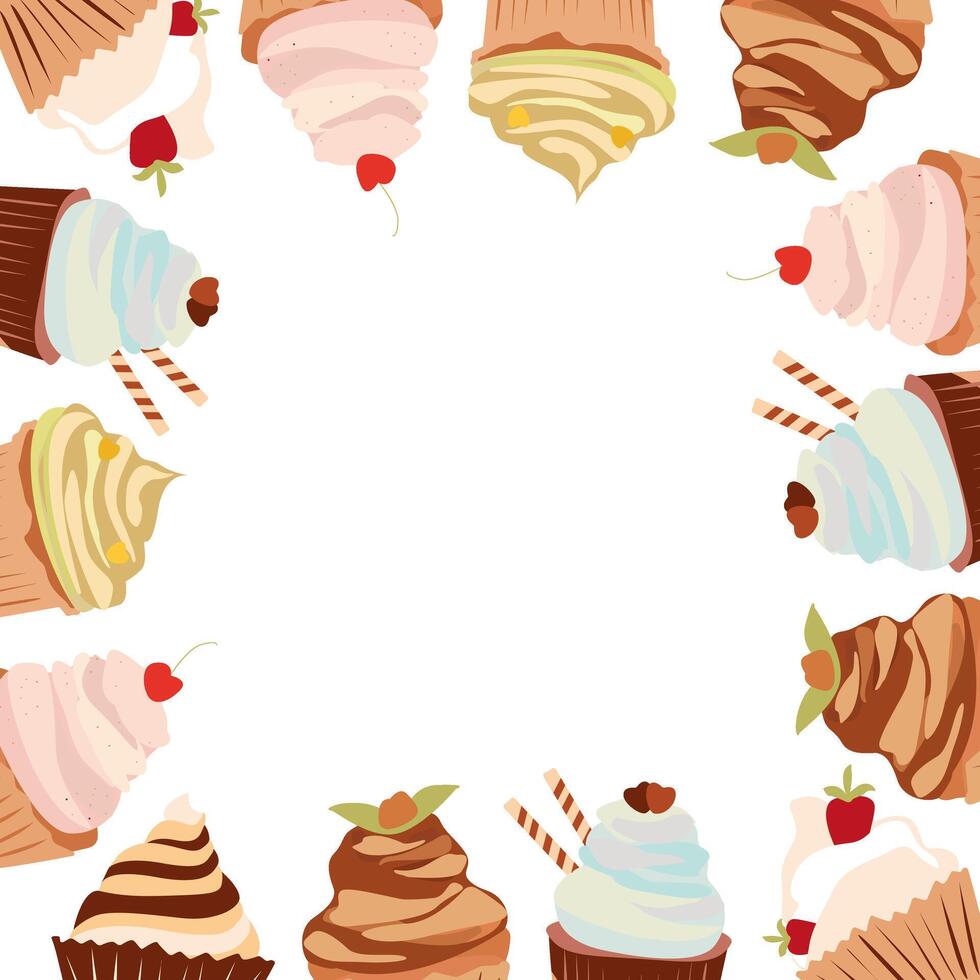 Platz Rahmen von Cupcakes. bunt Rand von Süßigkeiten zum das Design Rand zum Karte und Einladungen. vektor