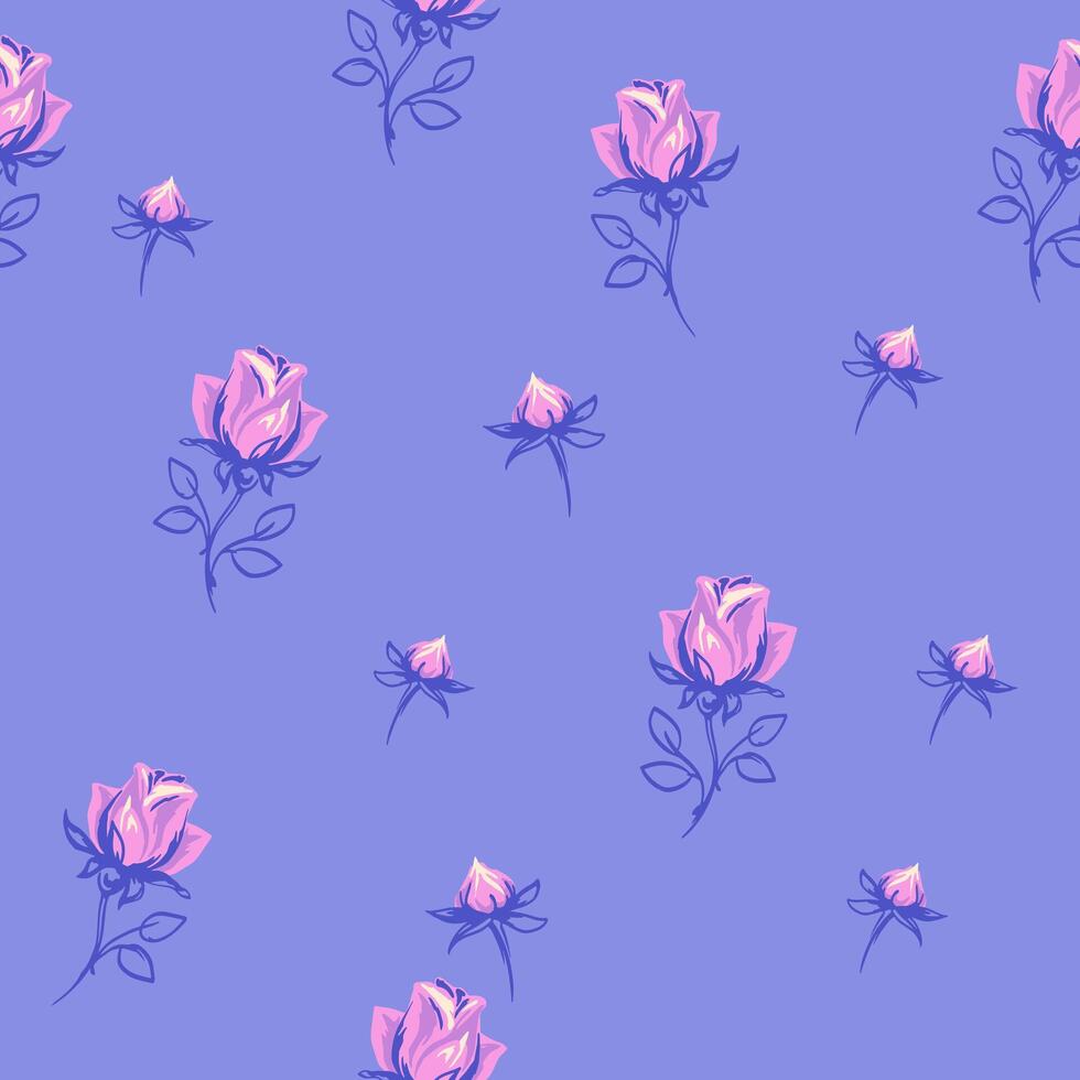 retro bunt nahtlos Muster mit Vektor Hand zeichnen Rose und Rosenknospe. kreativ abstrakt Geäst Blumen auf ein Blau Hintergrund. Design zum Mode, Stoff, Hintergrund.