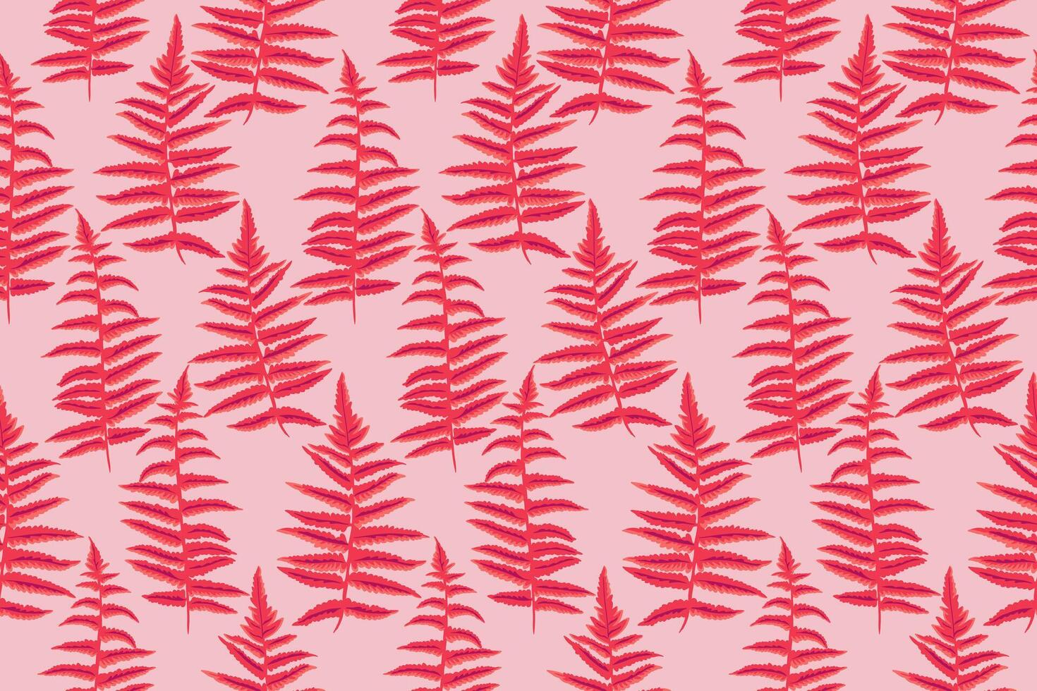 kreativ nahtlos Muster mit rot Formen Blätter Geäst Farn auf ein Rosa Hintergrund. Vektor Hand gezeichnet skizzieren. einfach botanisch drucken mit künstlerisch abstrakt Blatt Stiele. Collage zum Entwürfe, gemustert