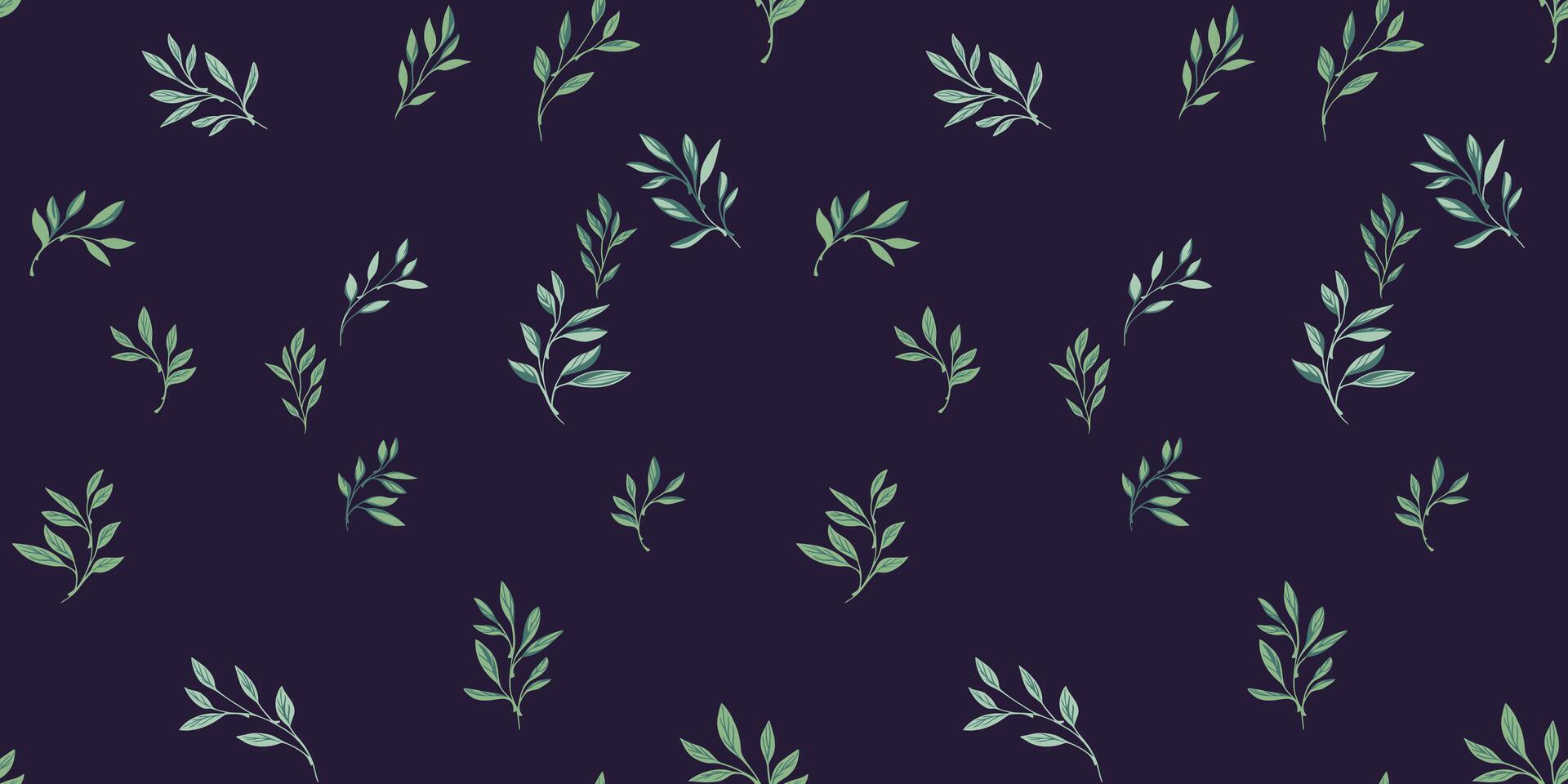 sömlös mönster med grön abstrakt mycket liten löv grenar spridd slumpvis på en mörk svart bakgrund. vektor hand dragen skiss. collage minimalistisk enkel botanisk printing.template för design