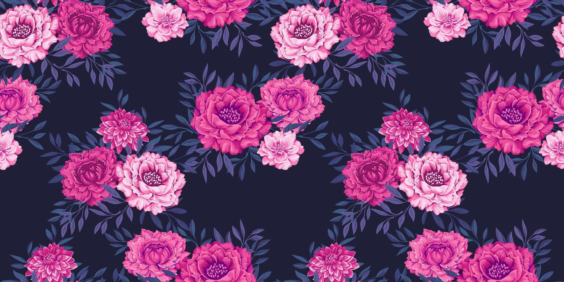 hell Rosa Rose aufwendig Wiese nahtlos Muster. abstrakt künstlerisch Blumen- und winzig sanft Blätter Geäst auf ein dunkel schwarz Hintergrund. stilisiert Blühen Blumen Pfingstrosen Dahlien drucken. Design vektor