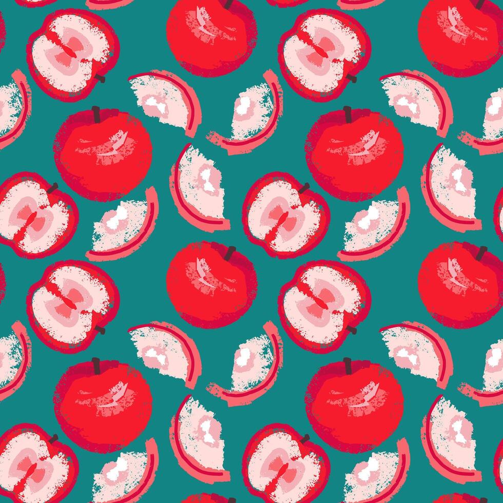 nahtlos Muster mit abstrakt, stilisiert Äpfel und Apfel Scheiben auf ein Grün Hintergrund. Sommer- hell rot geometrisch Früchte gemustert. Vektor Hand gezeichnet skizzieren texturiert Drucken. Collage zum Designs
