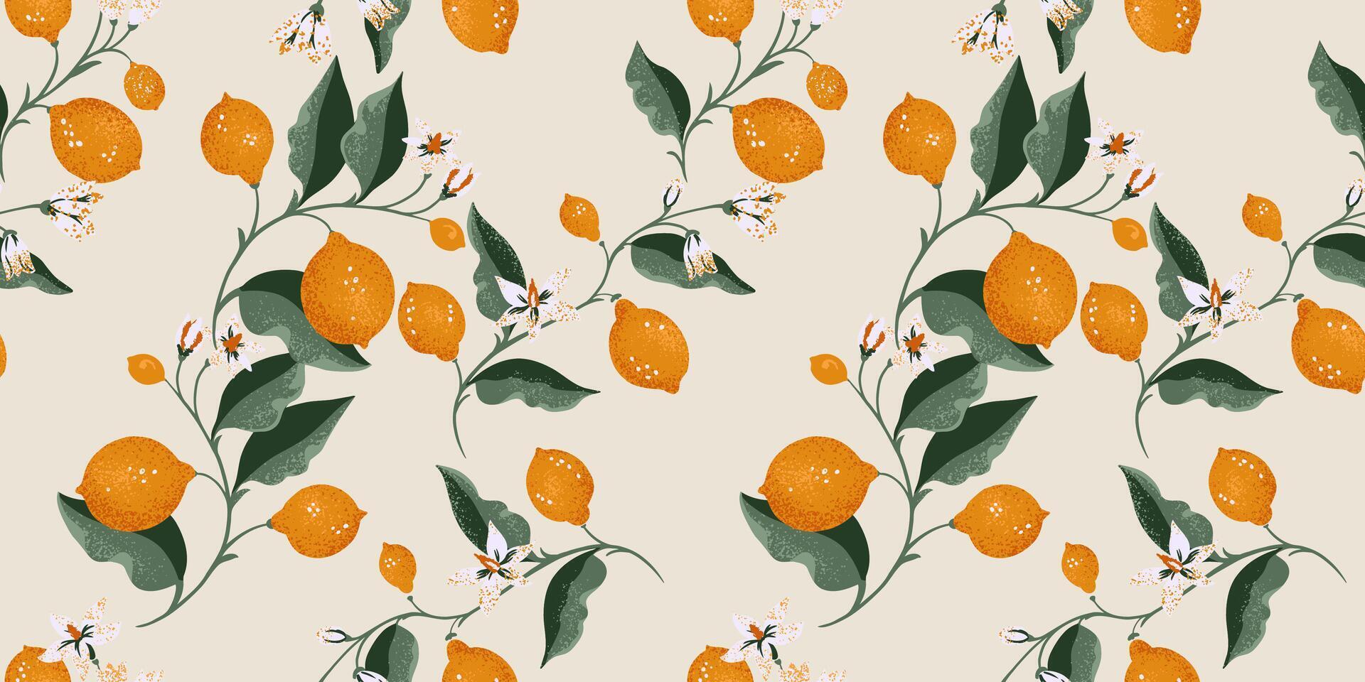 abstrakt konstnärlig grenar med kalk och citron, löv, mycket liten knoppar sömlös mönster på en ljus bakgrund. vektor hand ritade. sommar citrus- frukt illustration för skriva ut. mall för design, textil-