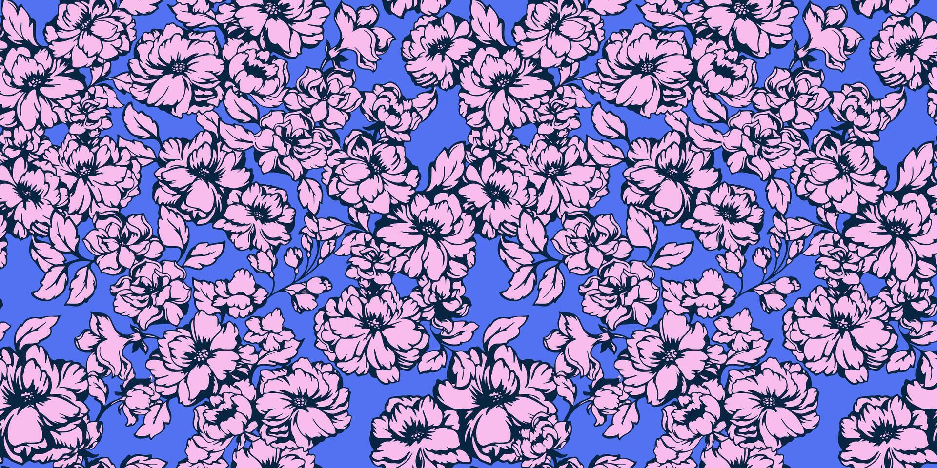 bunt Rosa künstlerisch, abstrakt gestalten Blumen nahtlos Muster auf ein Blau Hintergrund. stilisiert wild Blühen Drucken. Frühling oder Sommer- Blumen- mit Knospen und Blätter zurück. Vektor Hand gezeichnet strukturiert.