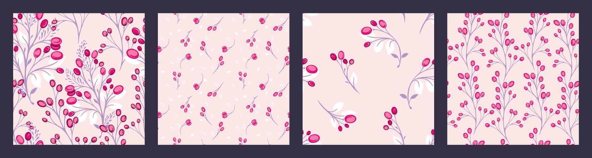 pastell ljus rosa collage av uppsättning sömlös mönster med kreativ, abstrakt grenar mycket liten löv och stiliserade former bär, droppar, fläckar. vektor hand dragen skiss. mallar för design, utskrift