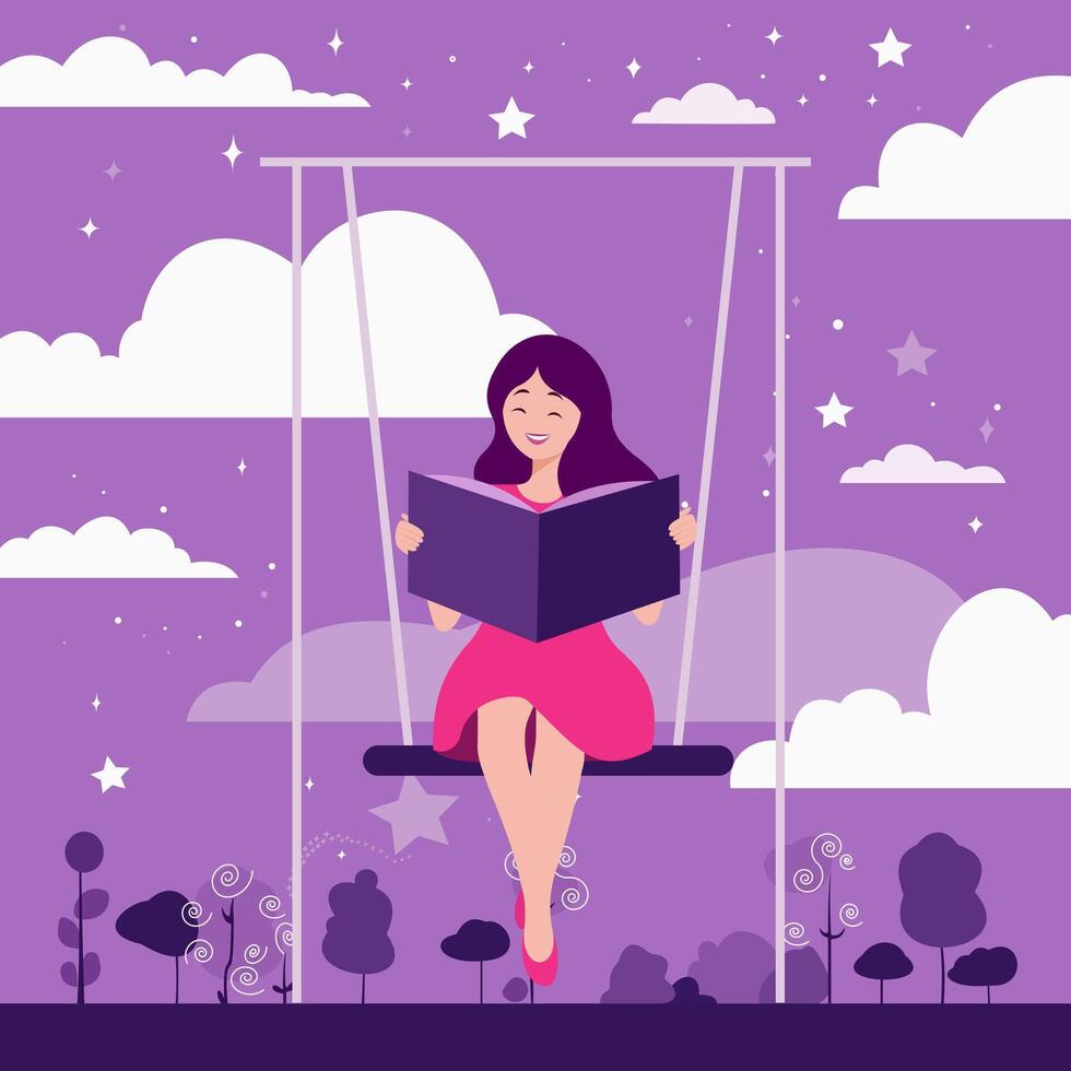 en flicka på en gunga läser en bok. platt vektor illustration.