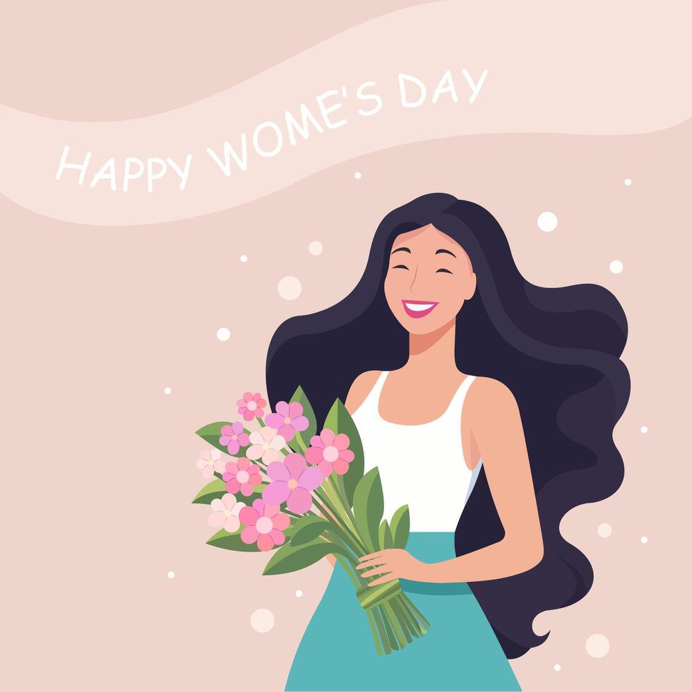 International Damen Tag. Mädchen mit ein Strauß von Blumen. Gruß Karte. eben Vektor Illustration
