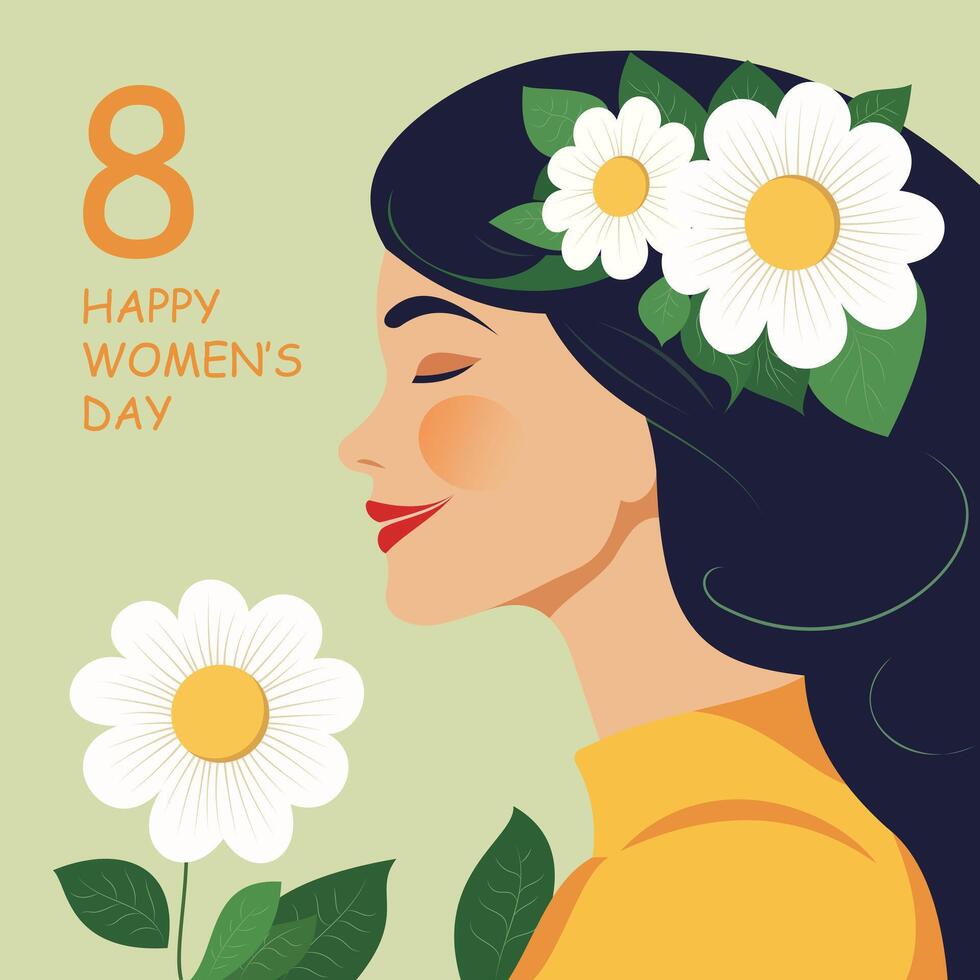 internationell kvinnors dag. flicka med en bukett av blommor. hälsning kort. platt vektor illustration