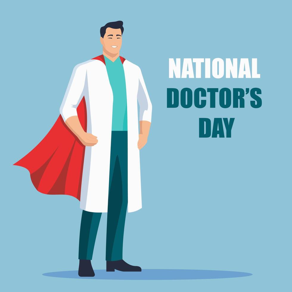 nationell läkares dag. manlig läkare med röd superhjälte cape. vektor illustration.
