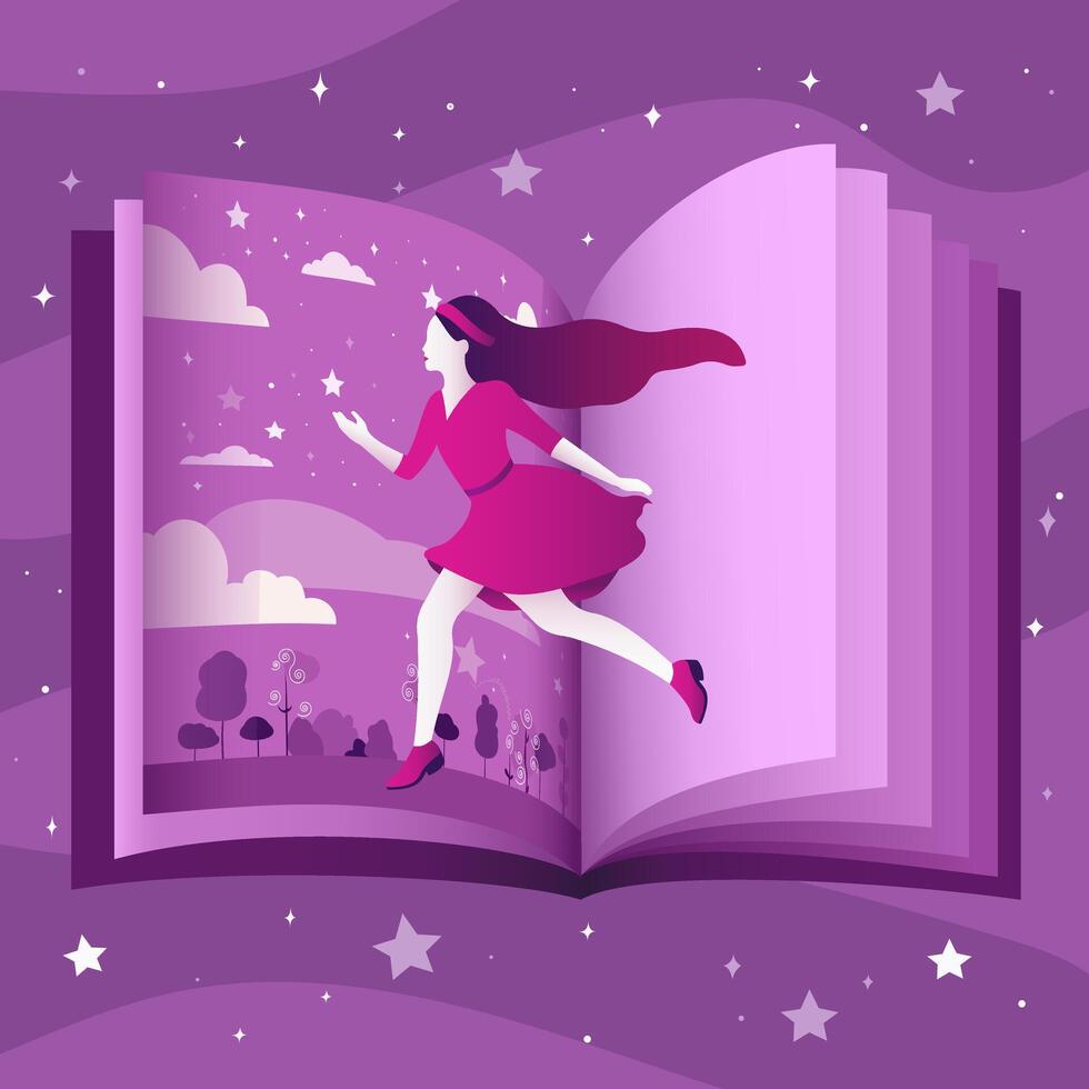 ein Mädchen Innerhalb ein Fantasie Buch zwischen das Seiten. Vektor Illustration
