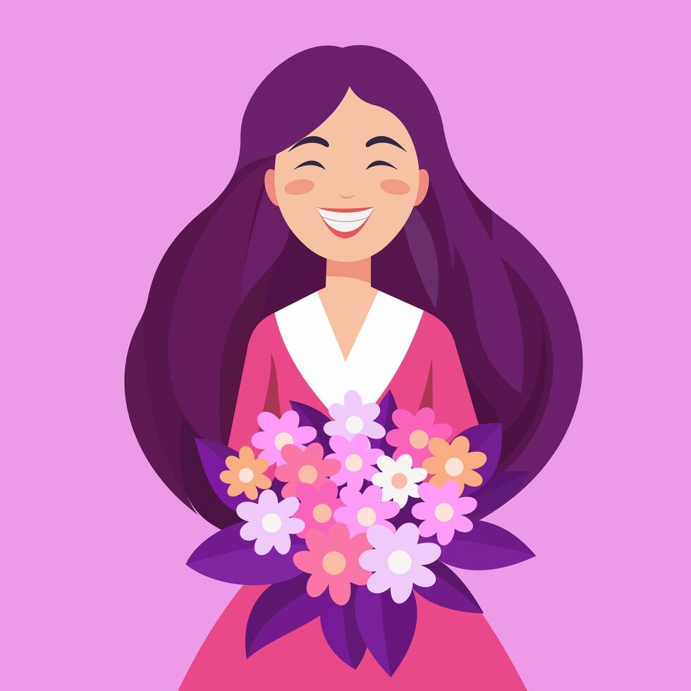 flicka med en bukett av blommor. platt vektor illustration