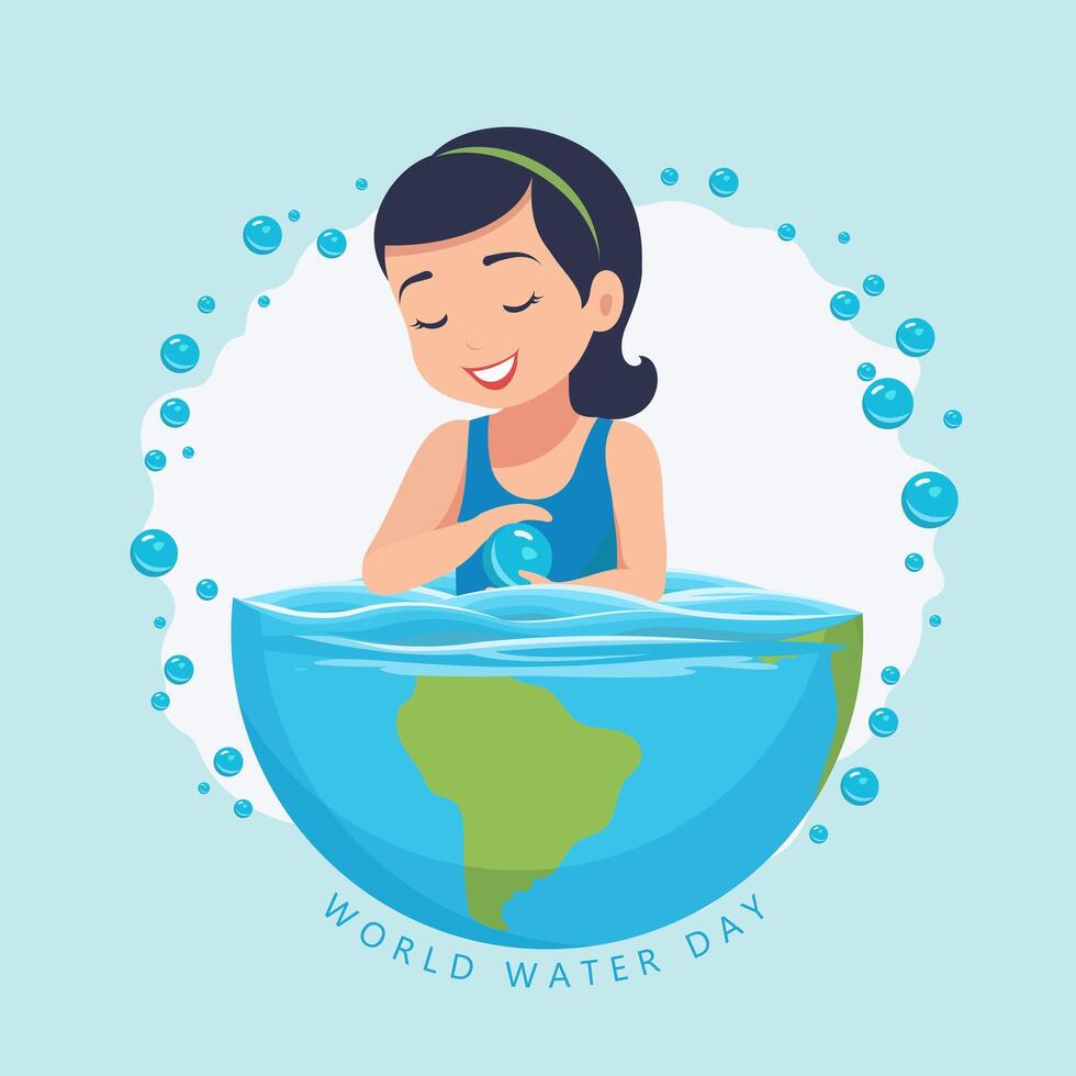 värld vatten dag. en flicka simmar i vatten på planet jorden. vektor illustration.