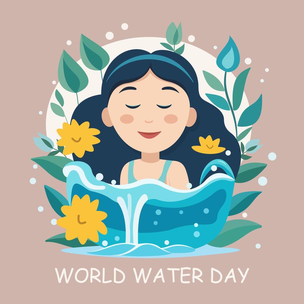 Welt Wasser Tag. ein Mädchen schwimmt im das Wasser mit ein Blumen- Hintergrund. Vektor Illustration.