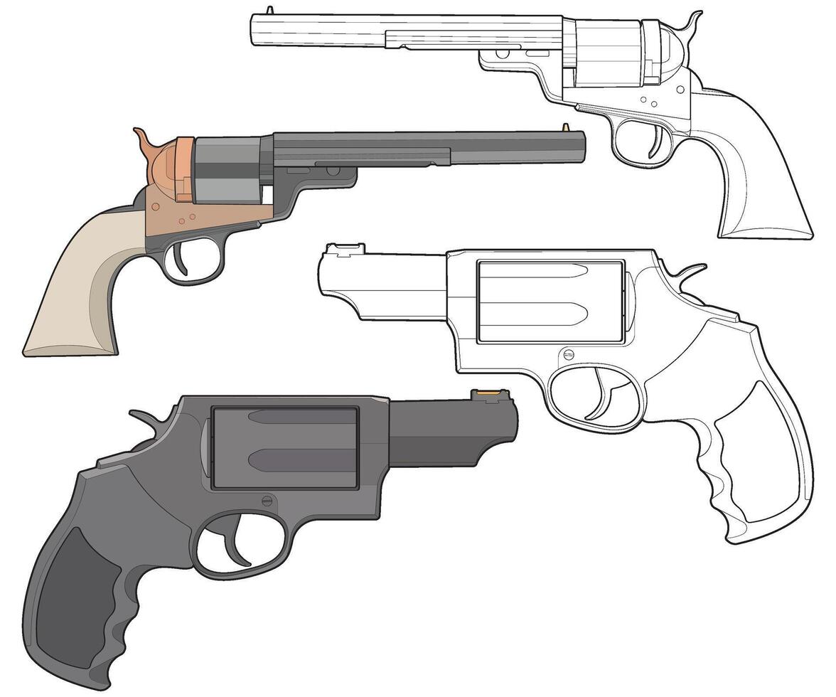 buntning uppsättning av vektor av revolver konst, skytte pistol, vapen illustration, vektor revolver, pistol illustration, modern skjutvapen, militär begrepp, pistol vektor.