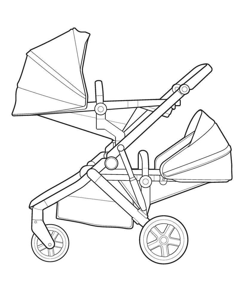 Gliederung Vektor Baby Kinderwagen isoliert auf Weiß Hintergrund. Vektor Illustration von ein skizzieren Stil.