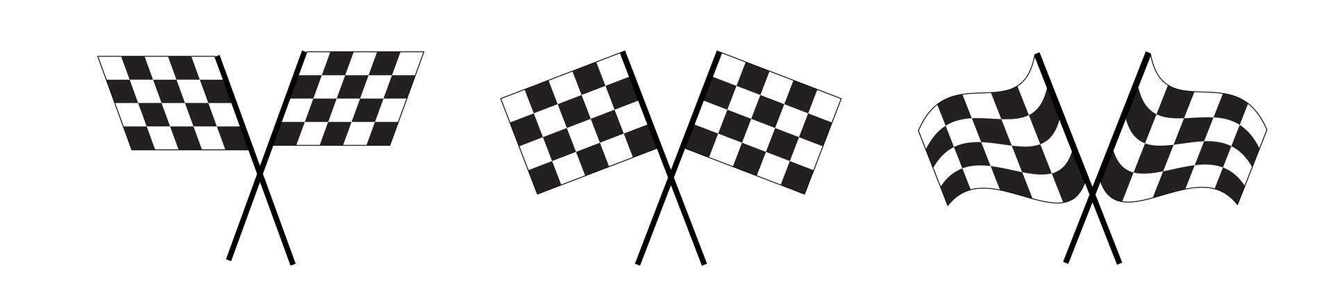 korsade lopp flaggor ikoner. Start och Avsluta sport bil konkurrens banderoller med rutig svart och vit kvadrater mönster. motocross, samling, bil maraton mästerskap tecken vektor