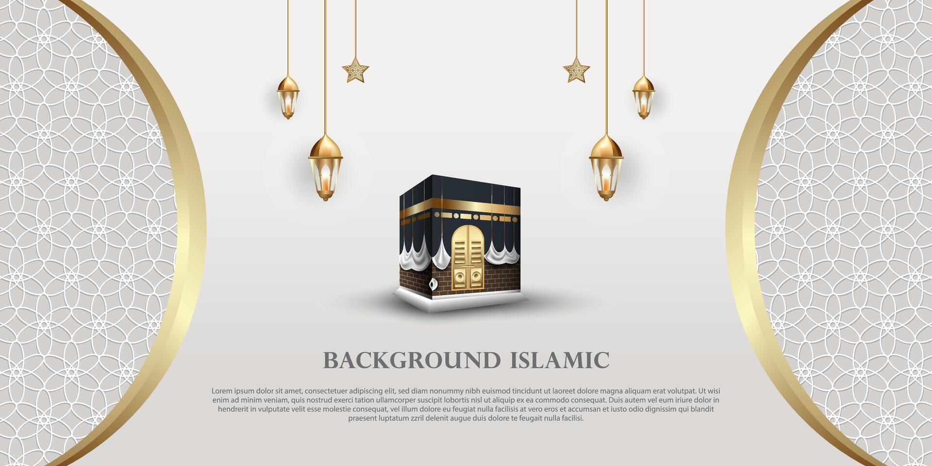 islamic tema baner bakgrund, arabicum mönster ornament. vit Färg med lyxig guld silhuett vektor