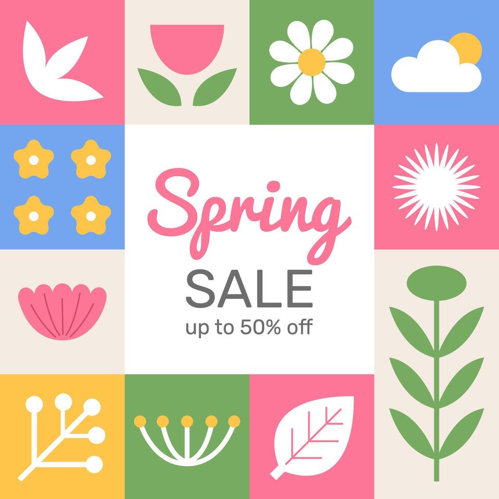 Hallo Frühling Verkauf Banner. minimal geometrisch Formen mit Quadrate. modern Beschriftung Banner Poster Vorlage Hintergrund. eben Vektor Illustration.