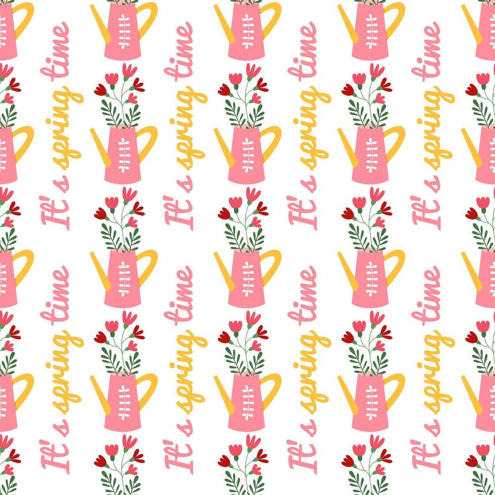 Bewässerung können mit Frühling Blumen nahtlos Muster. es ist Frühling Zeit Inschrift. Gartenarbeit. bunt Hand gezeichnet Hintergrund. Banner, Hintergrund, Verpackung Papier, Digital Papier. vektor