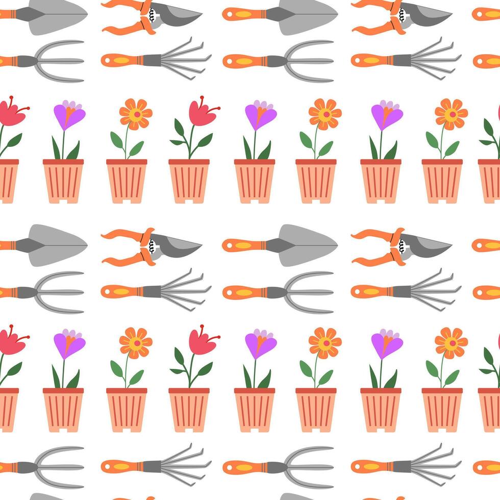 trädgård verktyg och blommor i kastruller sömlös mönster. vår trädgårdsarbete och jordbruk Arbetar. hand ritade. bakgrund, bakgrund, omslag papper, digital papper. vektor