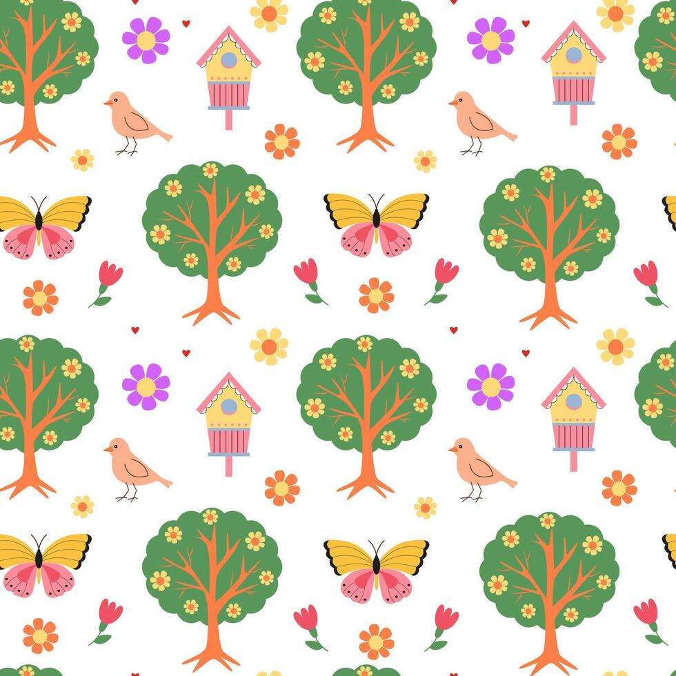 Frühling blühen nahtlos Muster. blühen Zeit. Blühen Baum, Schmetterling, Vögel, Vogelhäuser, Blumen. Hand gezeichnet. Hintergrund, Verpackung Papier, Digital Papier. vektor