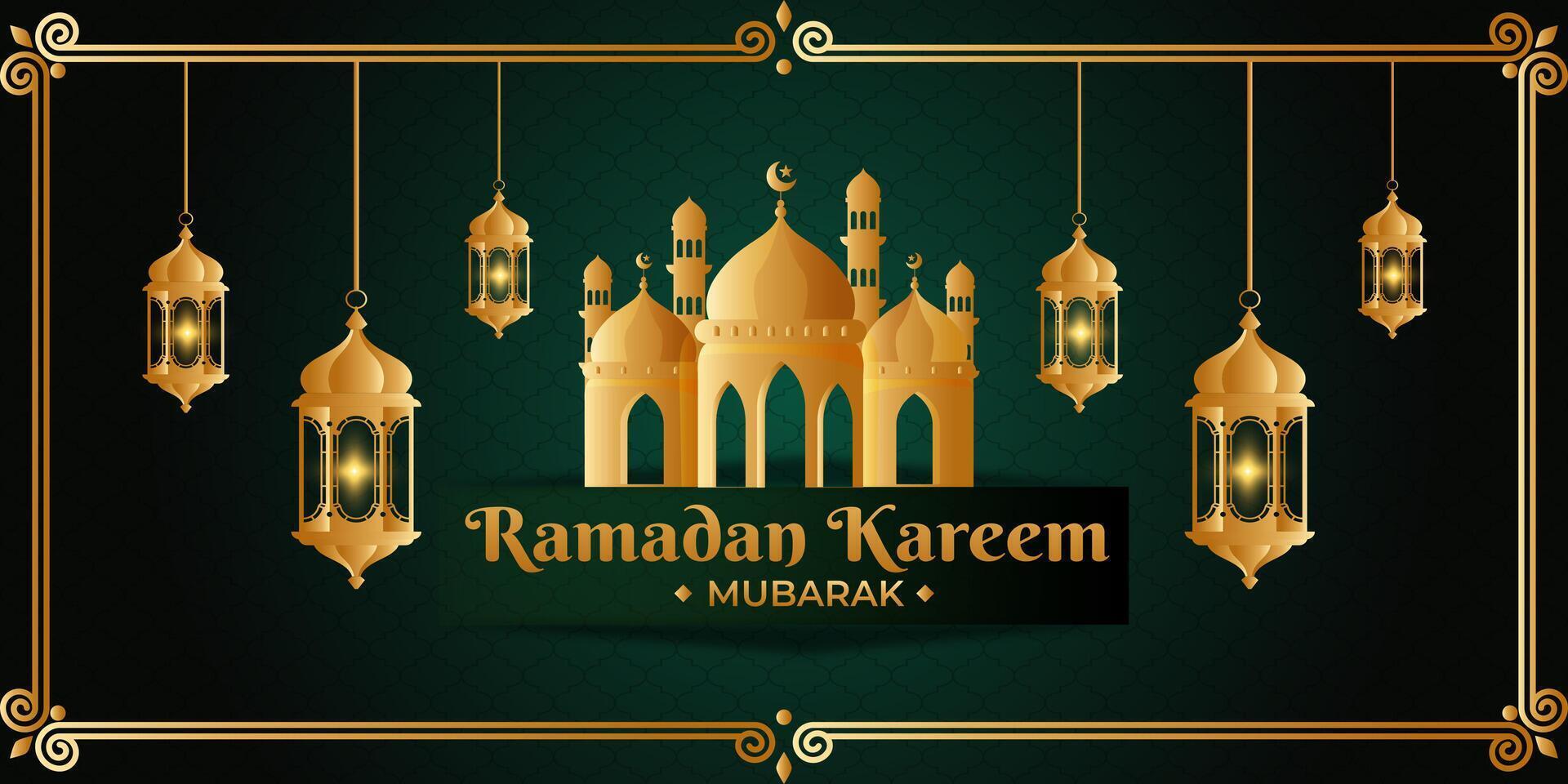 Ramadan kareem Mond Moschee Arabisch Kalligraphie, Vorlage zum Banner, Einladung, Poster, Karte zum das Feier von Muslim Gemeinschaft Festival vektor