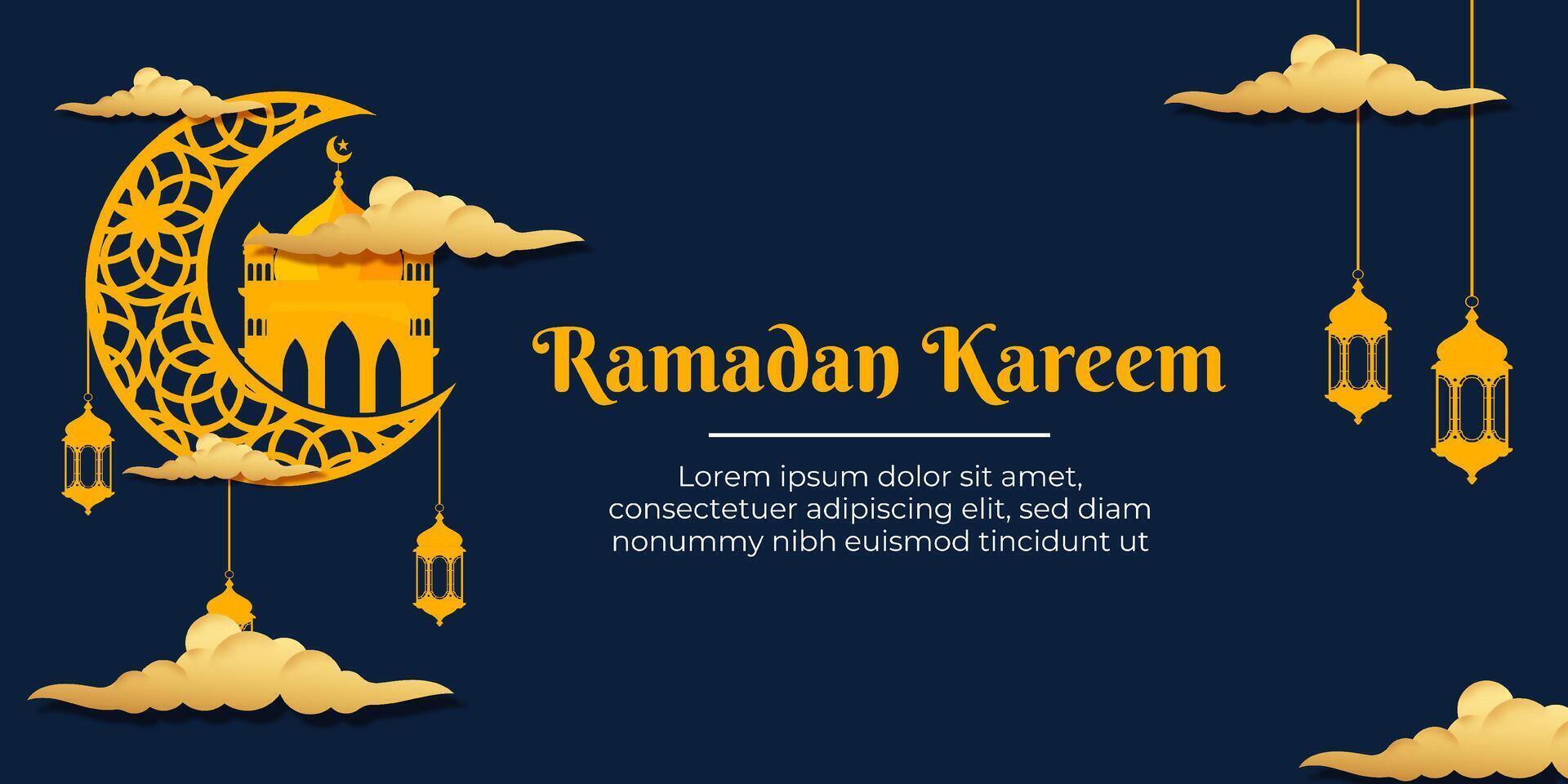 Ramadan kareem Mond Moschee Arabisch Kalligraphie, Vorlage zum Banner, Einladung, Poster, Karte zum das Feier von Muslim Gemeinschaft Festival vektor