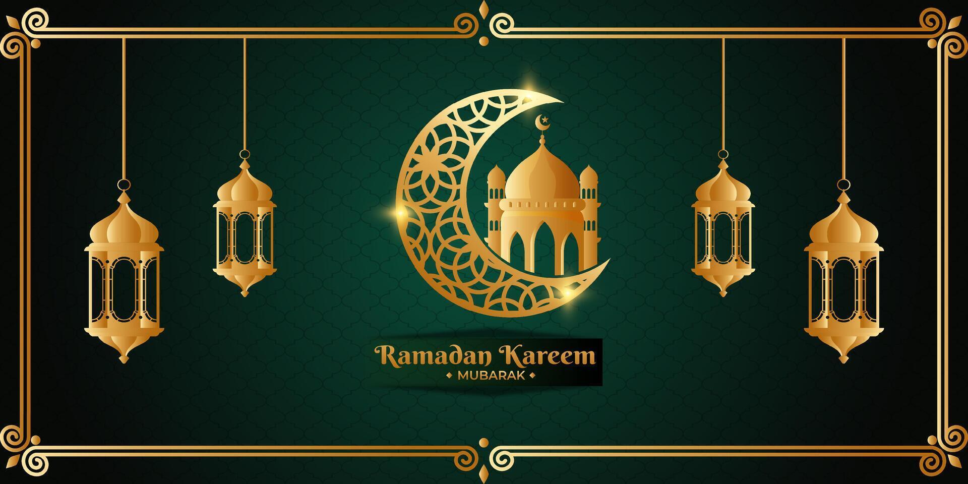 Ramadan kareem Mond Moschee Arabisch Kalligraphie, Vorlage zum Banner, Einladung, Poster, Karte zum das Feier von Muslim Gemeinschaft Festival vektor