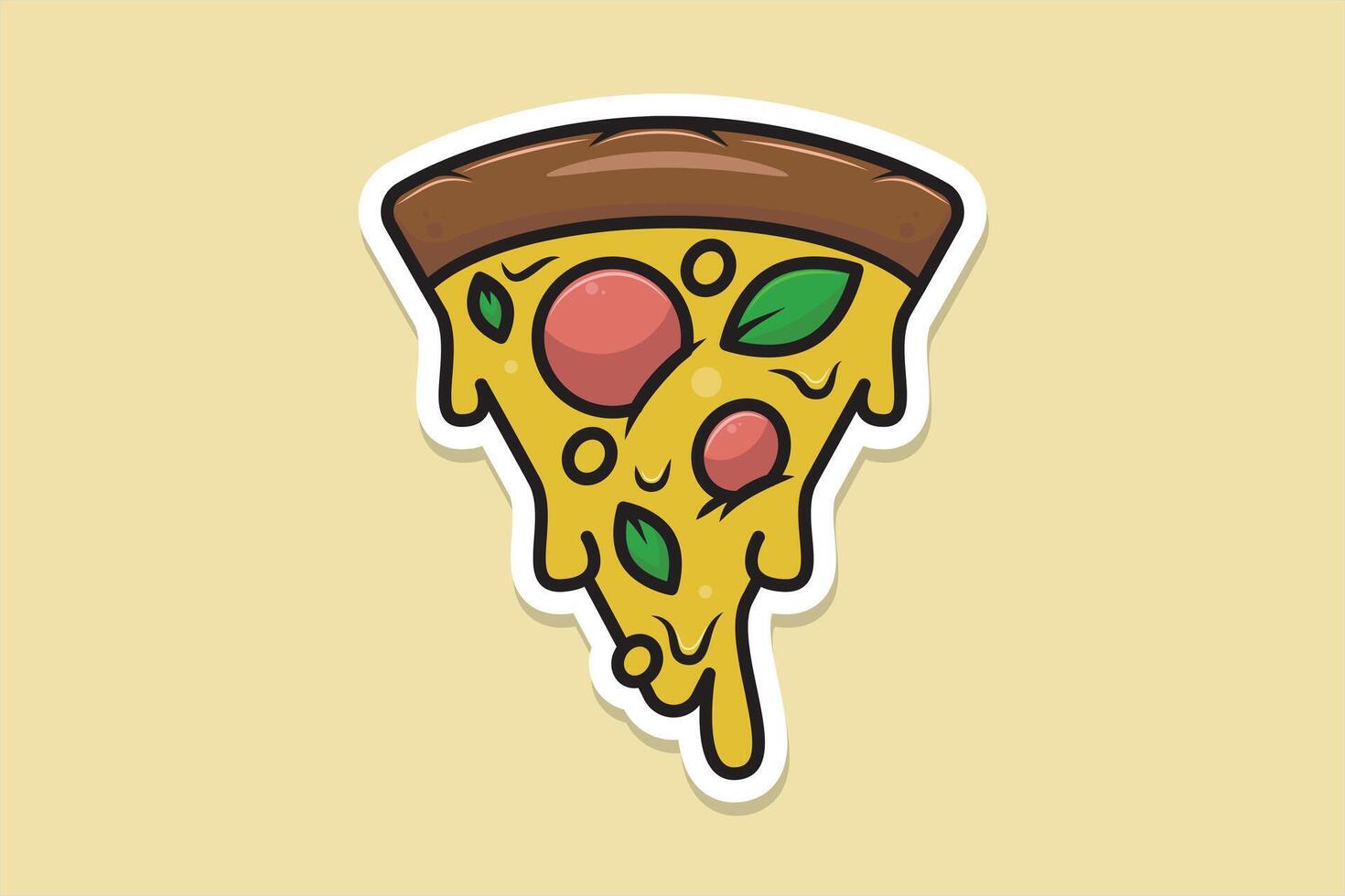 Scheibe von Pizza schmelzen Aufkleber Design Vektor Illustration. schnell Essen Symbol Konzept. lecker schmelzen Pizza Aufkleber Design Logo Symbol mit Schatten.