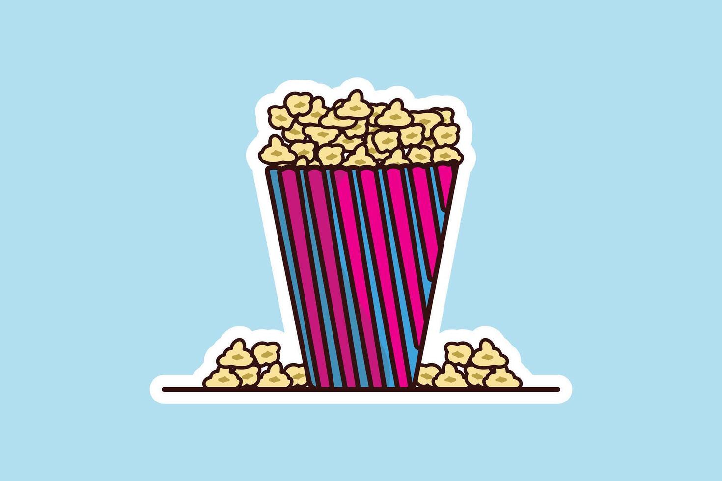 Popcorn im Popcorn Pack Aufkleber Vektor Illustration. Film Kino Symbol Konzept. Snack Lebensmittel. groß rot Blau Streifen Box mit Popcorn Aufkleber Vektor Design mit Schatten.