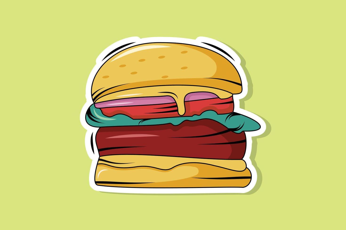 Essen Burger geschmolzen Aufkleber Design Vektor Illustration. Essen Objekte Symbol Konzept. lecker Burger Aufkleber Design Logo Symbol.