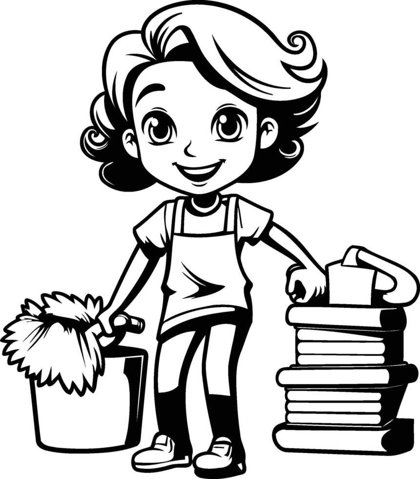 ai genererad rengöring flicka med rengöring verktyg - svart och vit tecknad serie illustration vektor