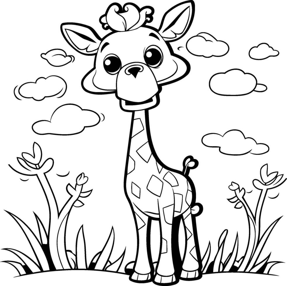 ai genererad färg bok för barn giraff i de gräs med blommor vektor