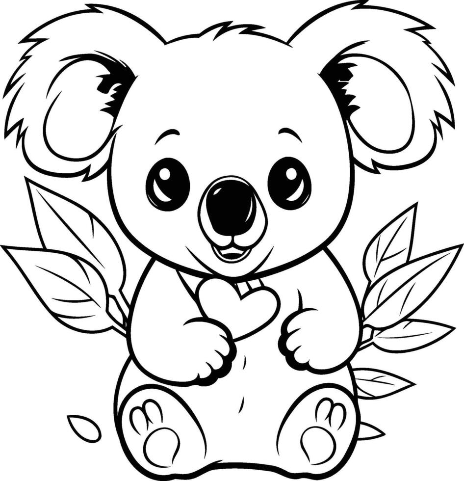 ai genererad färg bok för barn söt koala med löv. vektor illustration