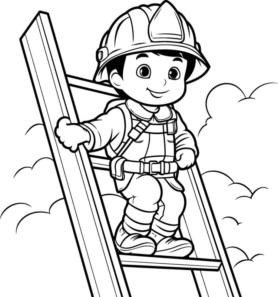 schwarz und Weiß Karikatur Illustration von wenig Feuerwehrmann oder Feuerwehrmann Charakter Klettern ein Leiter zum Färbung Buch vektor