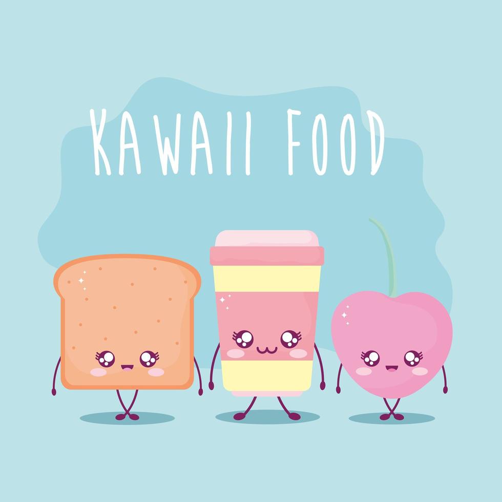 kawaii mat bokstäver och uppsättning kawaii mat på blå bakgrund vektor