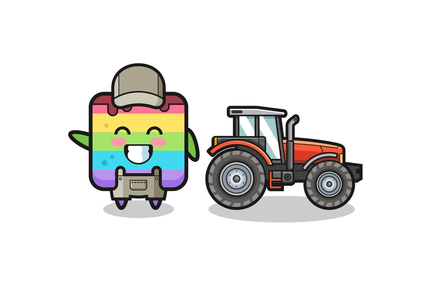 das Regenbogenkuchen-Bauernmaskottchen, das neben einem Traktor steht vektor