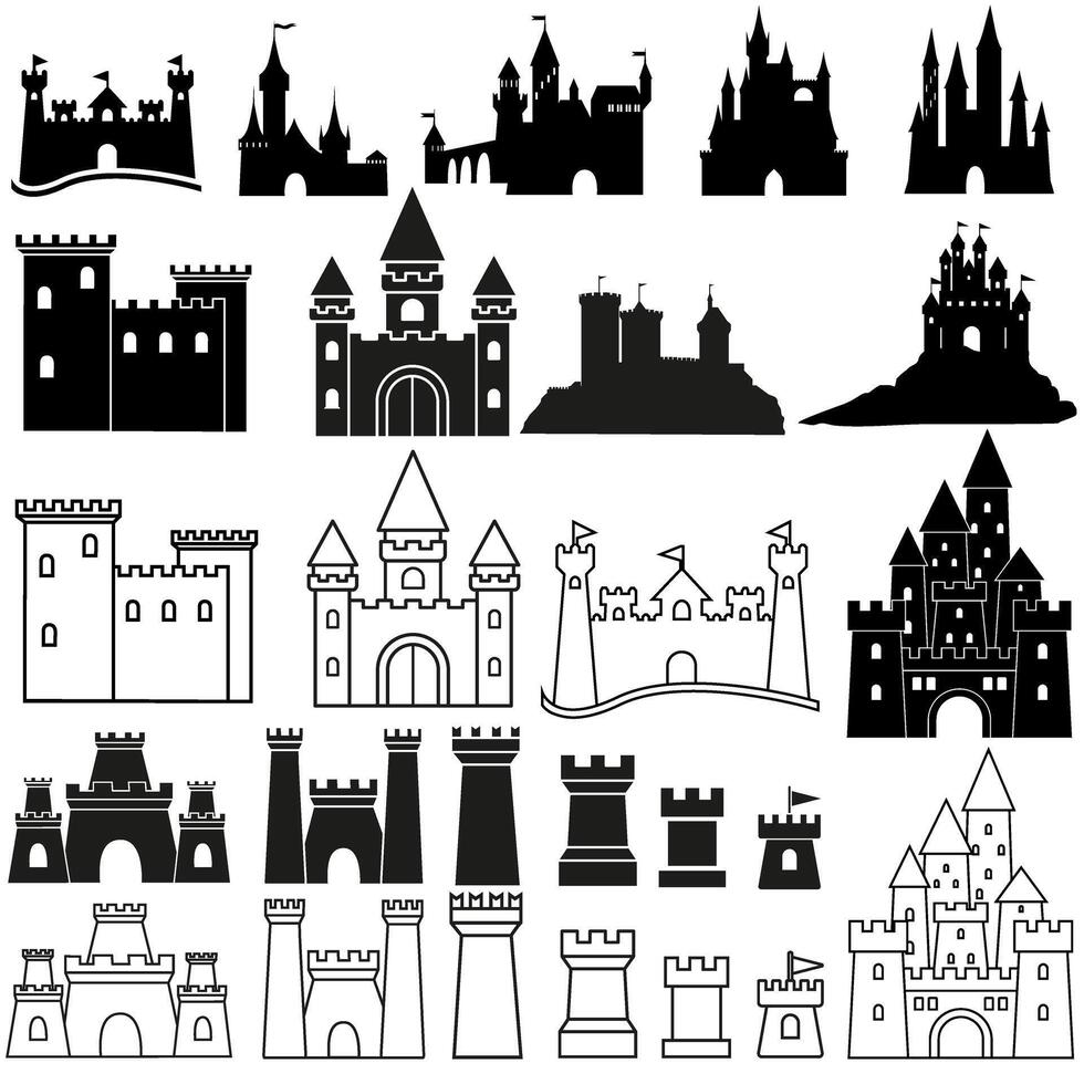 slott ikon vektor uppsättning. fästning illustration tecken samling. fäste symbol. torn logotyp.