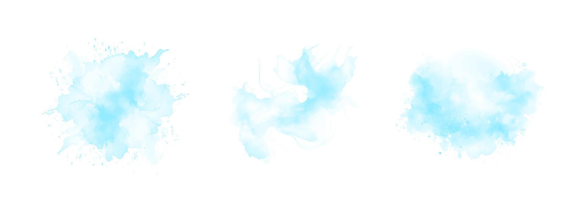abstrakt Muster mit Blau Aquarell Wolken auf Weiß Hintergrund. cyan Aquarell Wasser dreist Spritzen Textur. einstellen von Vektor Pastell- Farbe Farbe Fleck. Blau Aquarell Hintergrund