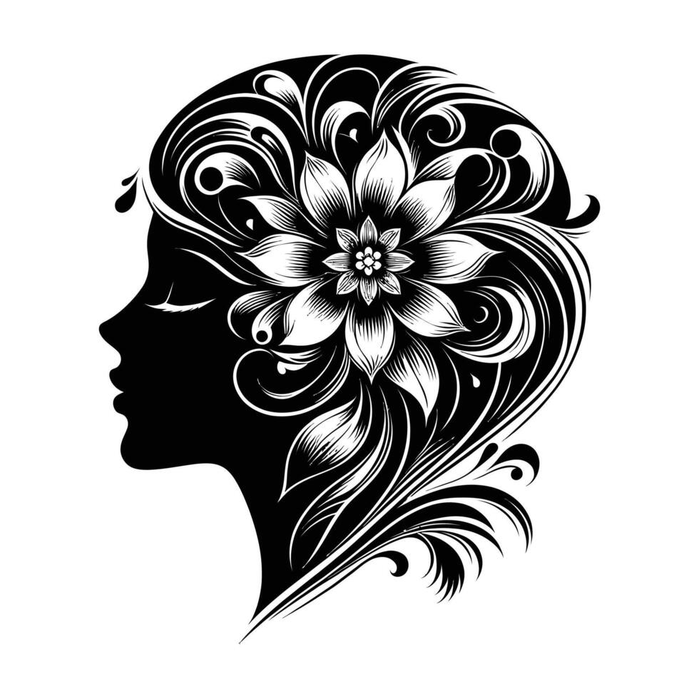 en skön vektor illustration av en kvinnas huvud silhuett med en blomma inuti.