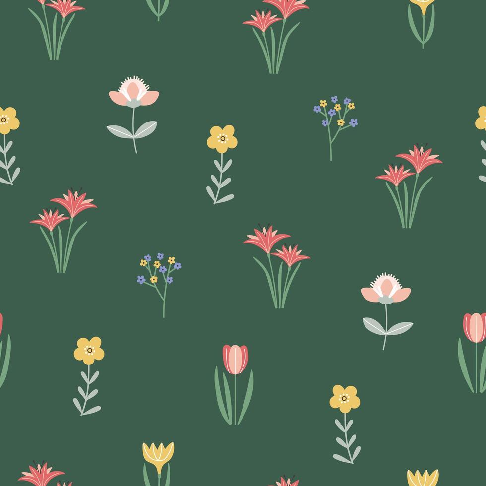 einfach Blumen- Muster Vektor Design. Single Blumen auf dunkel Grün Hintergrund